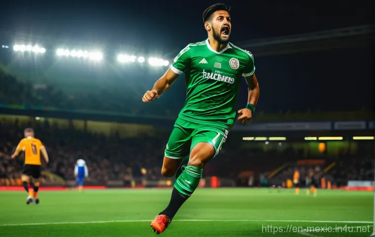 멕시코 유명 축구 선수 라울 히메네스 치차리토 - **A highly detailed and emotionally resonant image of Mexican footballer Raúl Jiménez, mid-action on...