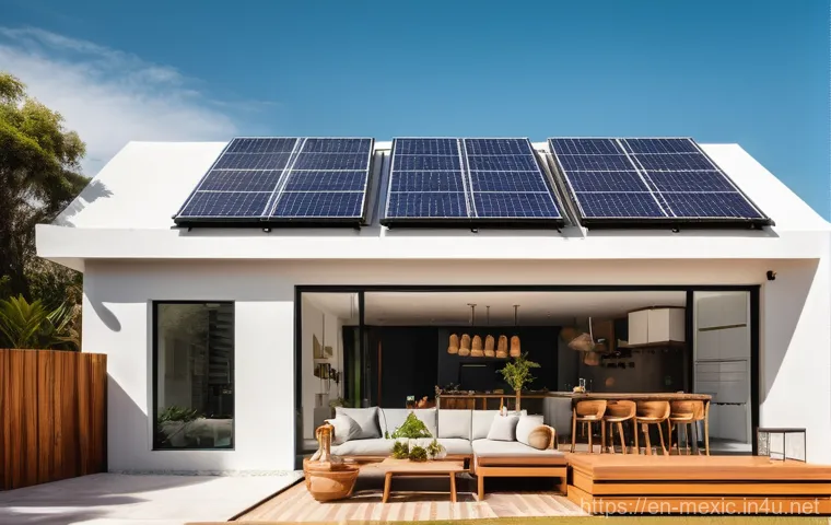 멕시코에서 태양광 발전 활용법 - **Prompt:** A vibrant, sun-drenched image of a modern Mexican home with sleek, dark monocrystalline ...