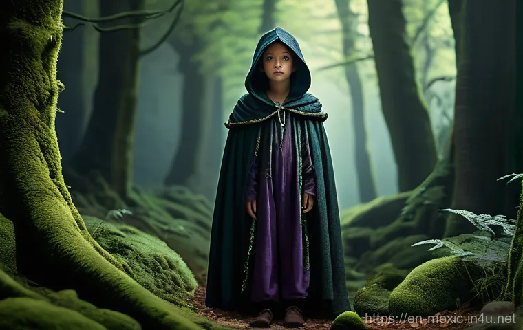 멕시코 유명인사 살마 하이에크 기예르모 델 토로 디에고 루나 - **Prompt:** A young adventurer, approximately 11 years old, wearing sturdy, earth-toned pants, a lon...