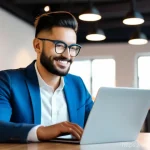 Home 2 멕시코에서 온라인 사업 운영 - A professional-looking young adult, possibly a digital nomad or remote worker, is seated in a modern...