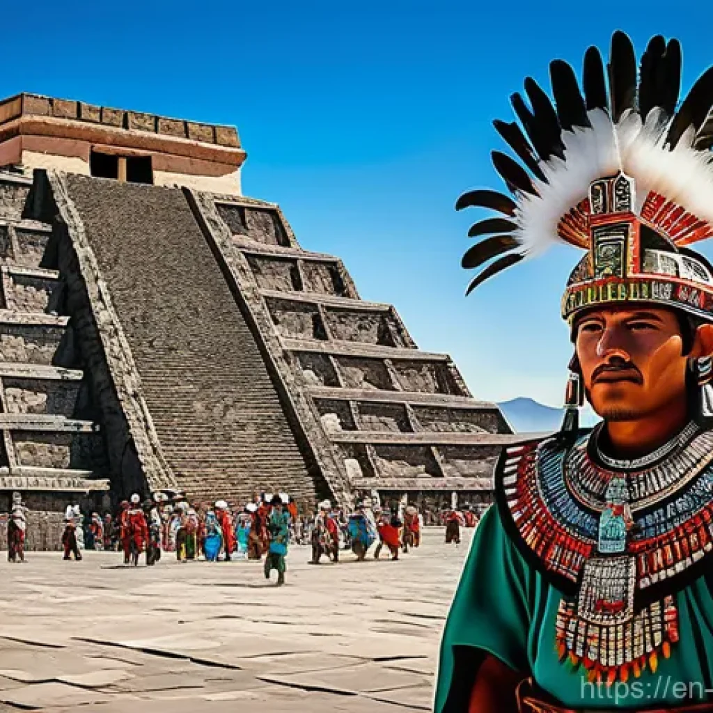 아즈텍 제국 멸망 과정 - An ancient Mesoamerican city scene, vibrant and bustling. Aztec citizens in richly patterned traditi...