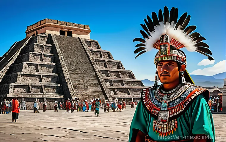 아즈텍 제국 멸망 과정 - An ancient Mesoamerican city scene, vibrant and bustling. Aztec citizens in richly patterned traditi...