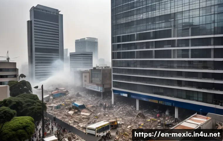 멕시코에서 자주 발생하는 자연재해 - A dynamic urban scene in Mexico City during a moderate earthquake: modern skyscrapers with flexible,...