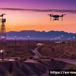 멕시코와 미국 국경 이슈 - A high-tech border security scene at dusk featuring multiple drones equipped with infrared cameras f...