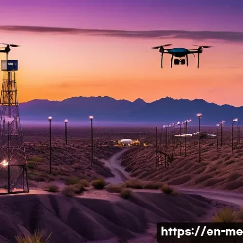 멕시코와 미국 국경 이슈 - A high-tech border security scene at dusk featuring multiple drones equipped with infrared cameras f...