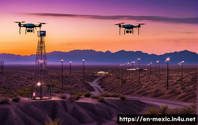 멕시코와 미국 국경 이슈 - A high-tech border security scene at dusk featuring multiple drones equipped with infrared cameras f...