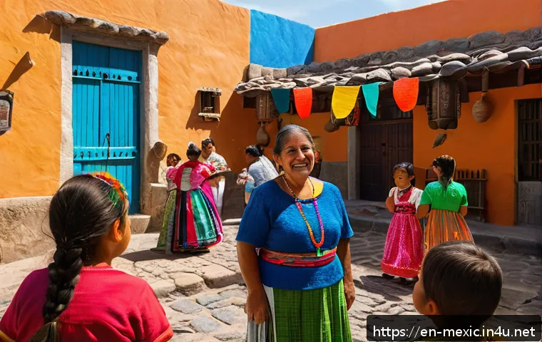 멕시코에서 안전하게 여행하는 법 - A friendly scene in a small Mexican village showing a traveler respectfully greeting local residents...