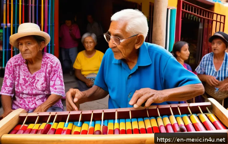 멕시코 민속 악기 마림바 비후엘라 - A vibrant street scene in Oaxaca, Mexico, featuring an elderly marimba player passionately performin...