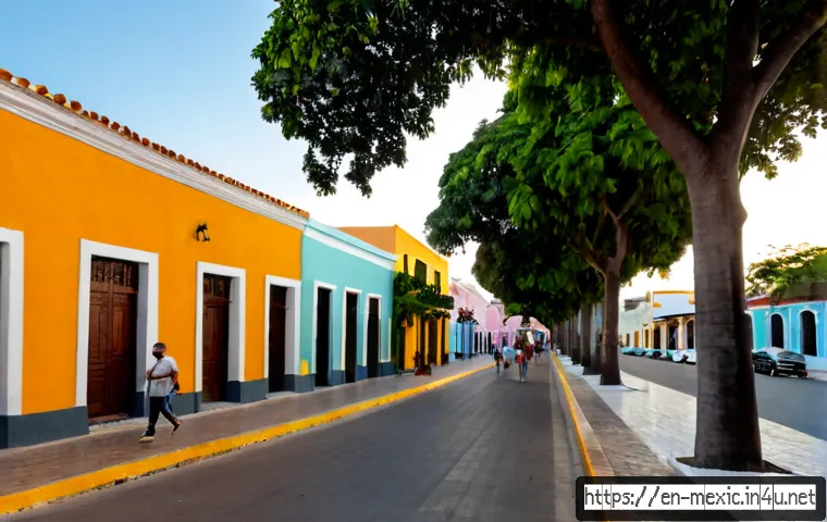 멕시코에서 살기 좋은 도시 추천 - Photorealistic lifestyle scene in Mérida, Mexico, a welcoming colonial neighborhood with pastel stuc...